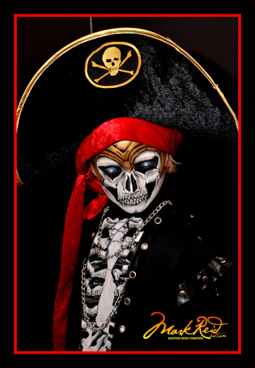 impressive face painting of a pirate skelaton in full pirate attire